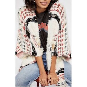 Free People Canyonland Kimono Aztec Eyelash Knit Cozy Sweater Bohemian Fuzzy